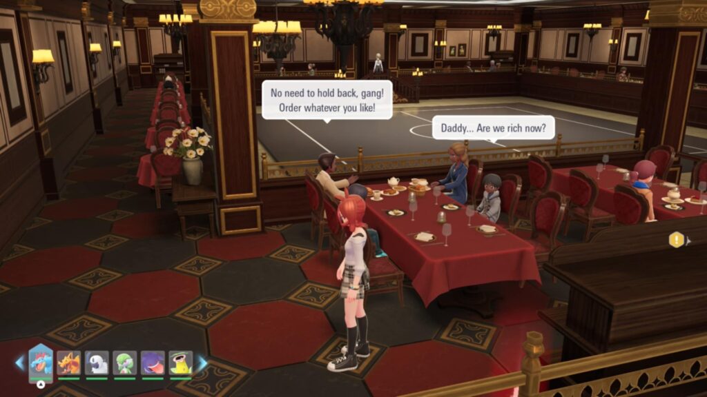 screenshot of pokemon dinners in a nice restaurant and a pokemon battle arena