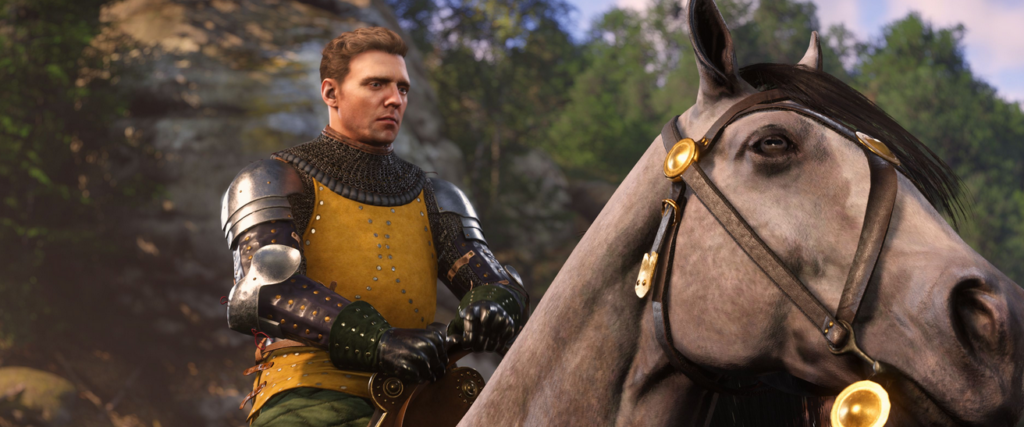 In-game screenshot of Henry on horseback wearing medieval armor in Kingdom Come: Deliverance II