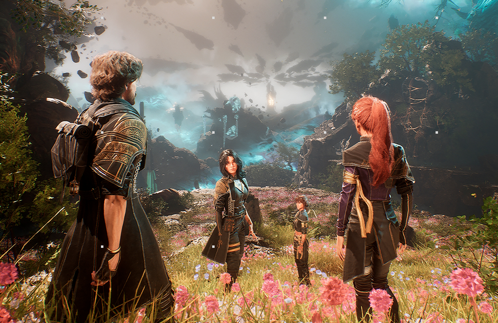 Party of characters standing in a surreal fantasy landscape in Clair Obscur: Expedition 33