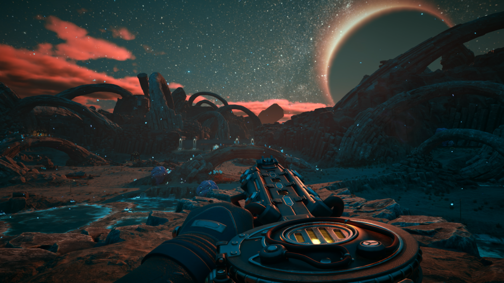 First-person view with a sci-fi gun facing an alien landscape during a solar eclipse in The Outer Worlds 2.