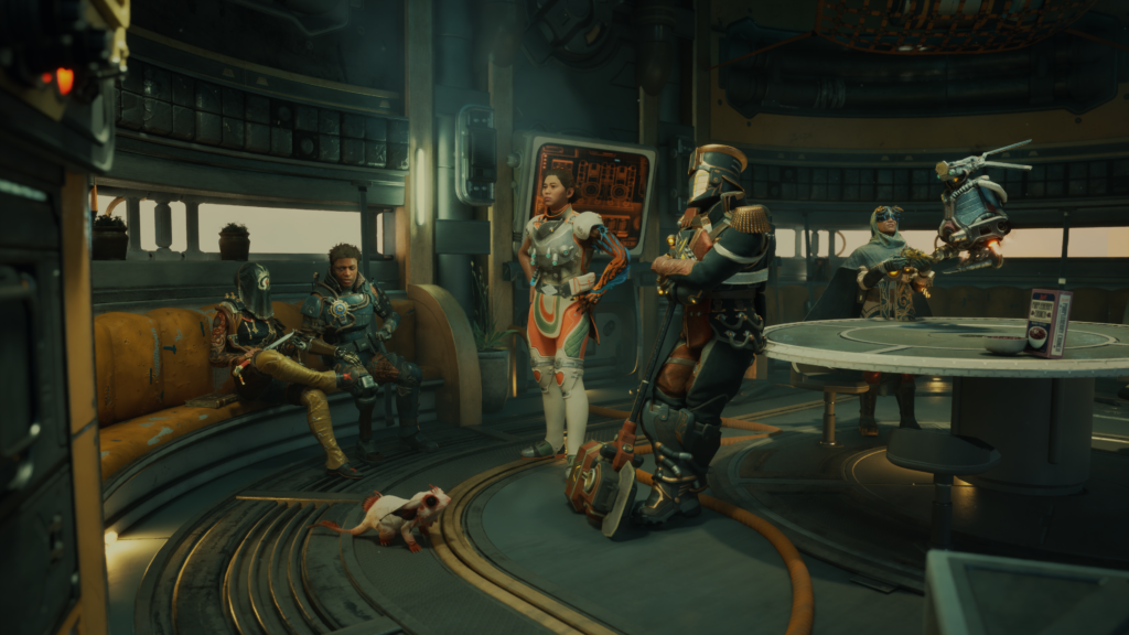 The Outer Worlds 2 screenshot showing several characters interacting inside a spaceship.