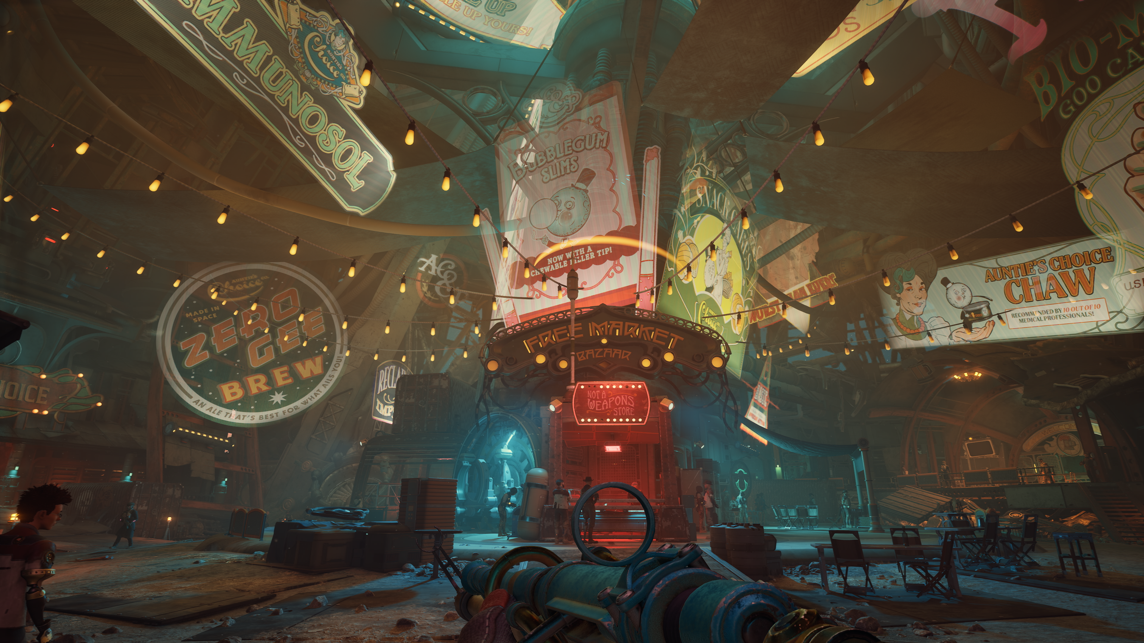 First-person view with a futuristic gun inside a busy sci-fi market in The Outer Worlds 2.