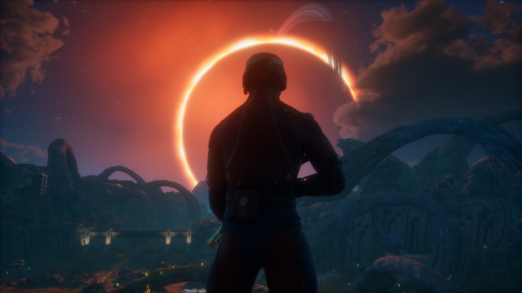 Screenshot from The Outer Worlds 2 showing a silhouetted character standing in an alien landscape, facing a dramatic solar eclipse with a glowing ring of light in a colorful sci-fi sky.