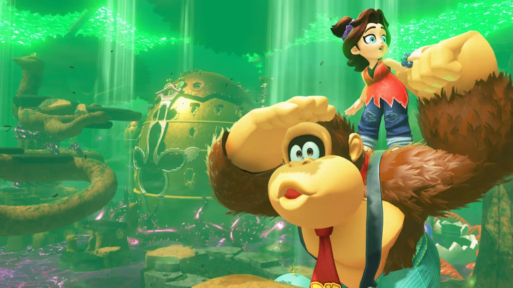 Donkey Kong carrying Pauline on his shoulder while exploring a glowing green jungle environment
