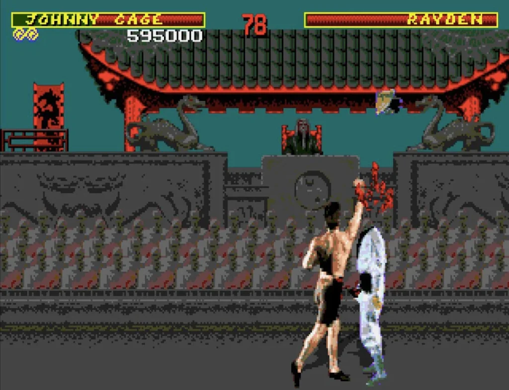 Mortal Kombat Sega Genesis gameplay showing Johnny Cage vs Raiden with blood enabled via the ABACABB blood code